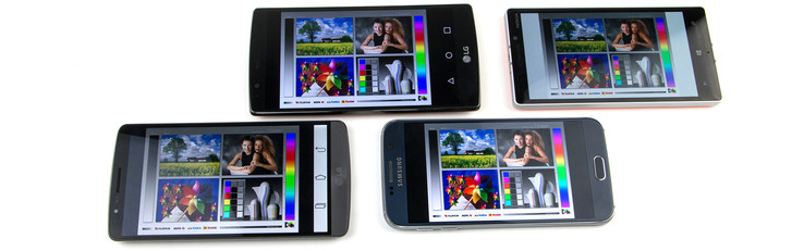 Oben (v. links): LG G4 und Nokia Lumia 930; unten (v. links): LG G3 und Samsung Galaxy S6