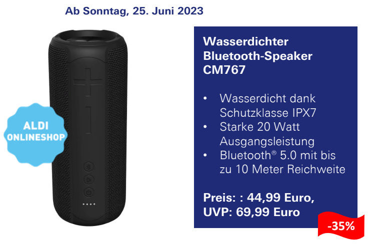 Aldi: Wasserdichter Bluetooth-Speaker Notebookcheck.com für Streetz CM767 mit 44,99 - 20 News Euro Watt