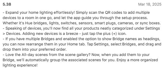 Das Änderungsprotokoll für die Philips Hue-App Version 5.38.0. (Bildquelle: Philips Hue)