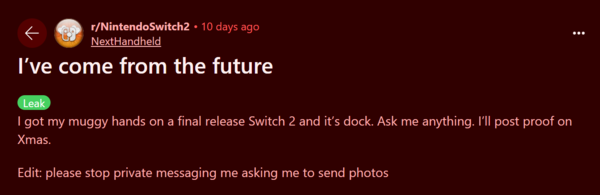 Anonymer Nutzer auf Reddit behauptet, die Switch 2 bereits in der Hand zu haben und verspricht, am ersten Weihnachtsfeiertag Details zu verraten (Bildquelle: Reddit)