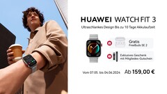 Die Huawei Watch Fit 3 startet mit zwei Geschenken in den Verkauf. (Bild: Huawei)