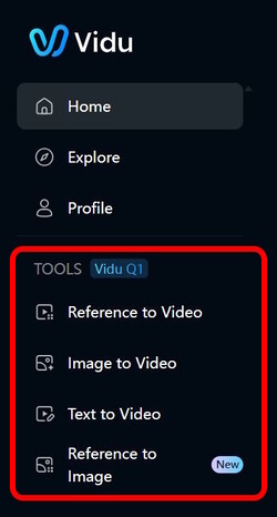 Die Tools am linken Seitenrand (Bildquelle: Screenshot Vidu.com)