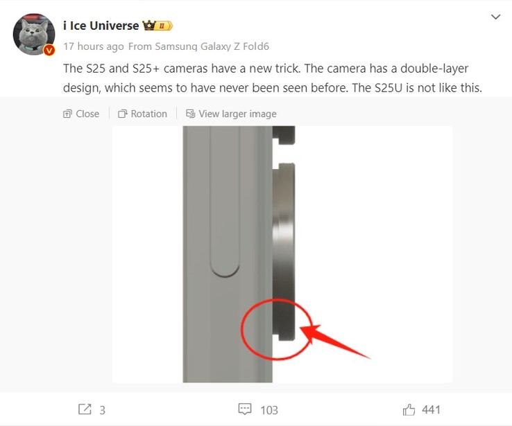 Das Galaxy S25 und Galaxy S25+ dürfte im Gegensatz zum Galaxy S25 Ultra eine Art zweistufiges Kamera-Ring-Design aufweisen wie Ice Universe auf Weibo zeigt.