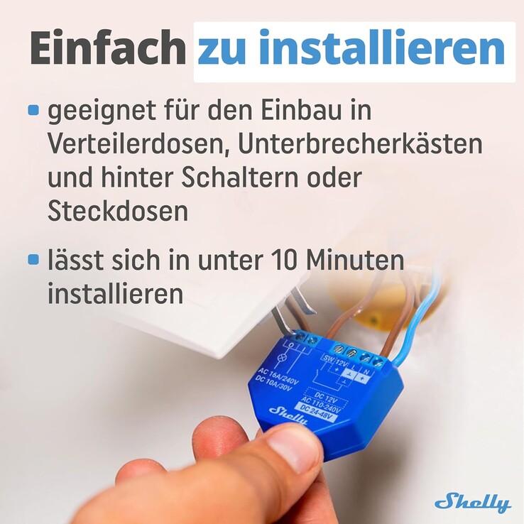 Der Shelly Plus 1 kann mit wenigen Handgriffen installiert werden und verschwindet dann hinter der Steckdose (Bildquelle: Shelly)