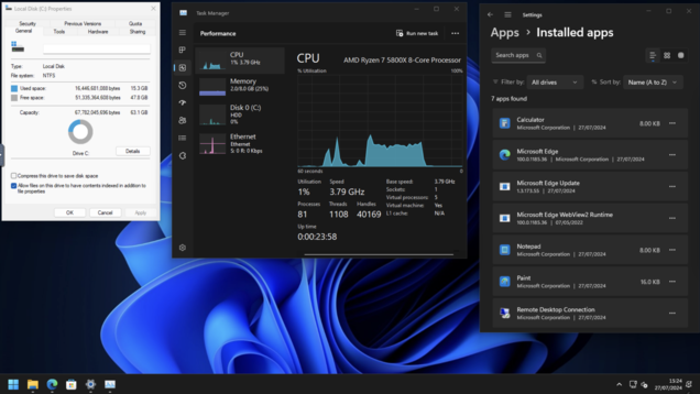 15 GB Speicher, 2 GB RAM verwendet, 80 Prozesse und nur 7 Anwendungen. So sollte Windows 11 ab Werk ausgeliefert werden. (Bildquelle: Eigene Darstellung)