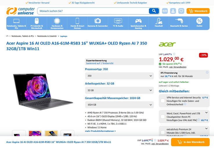 Acer Aspire 16 AI A16-61M-R4JE für 1.029 Euro.