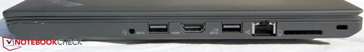 Links: 3,5mm-Klinke, USB-A 3.0, HDMI 1.4b, USB-A 3.0, GBit-RJ45, SD-Kartenleser, Kensington