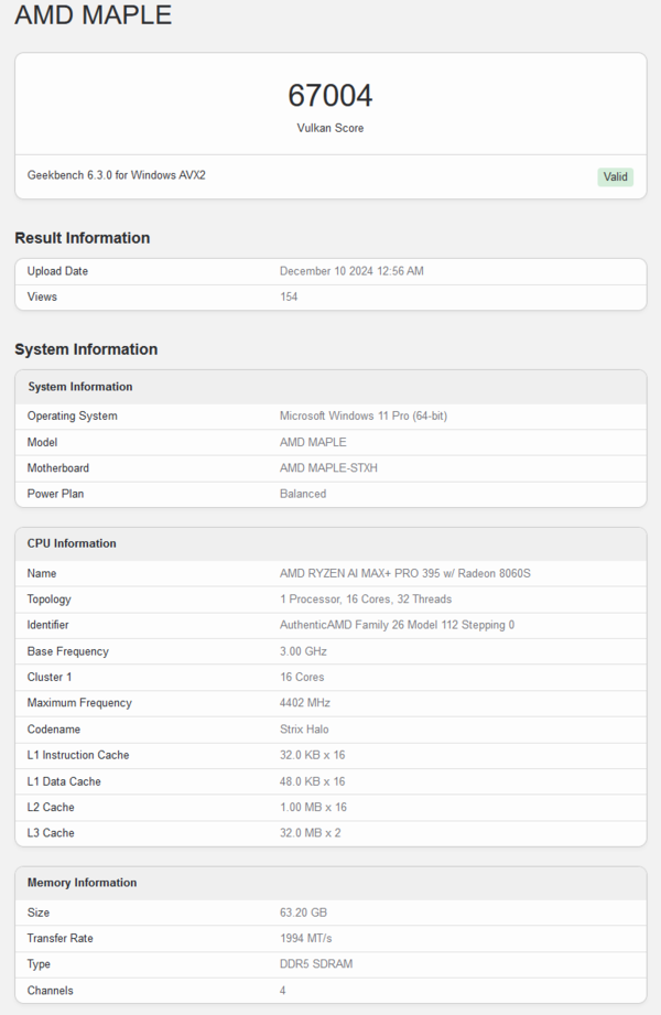 AMD Ryzen AI Max+ Pro 395 Geekbench Vulkan-Score (Bildquelle: Geekbench)