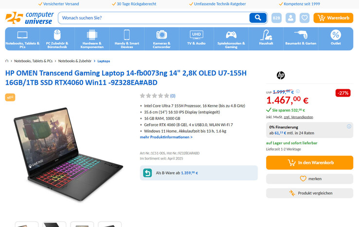 HP Omen Transcend 14-fb0073ng für 1.467 Euro.