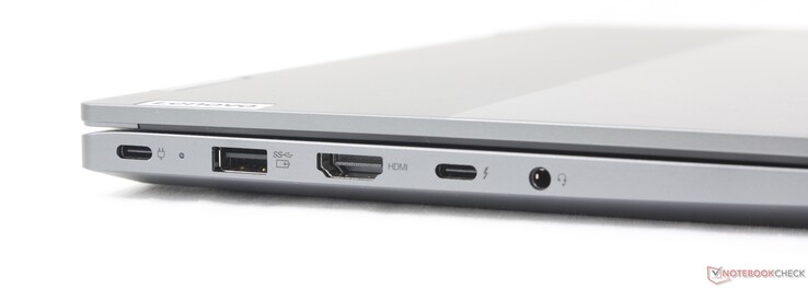 Links: USB-C mit PD 3.0 + DisplayPort 1.4 (10 Gbit/s), UAB-A (5 Gbit/s), HDMI (4K60), USB-C mit Thunderbolt 4 + PD + DP 1.4, 3,5 mm Kopfhörer