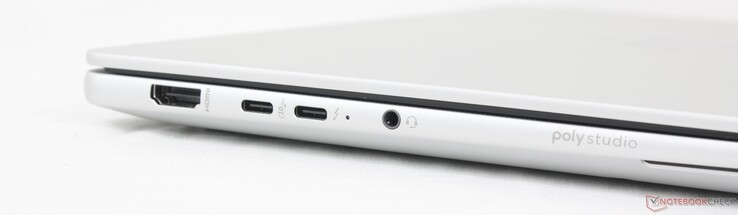 Links: HDMI 2.1, USB-C 3.2 mit DisplayPort 2.1 + Power Delivery (10 Gbps), USB-C Thunderbolt 4 mit DisplayPort 2.1 + Power Delivery (40 Gbps), 3,5-mm-Kopfhörer