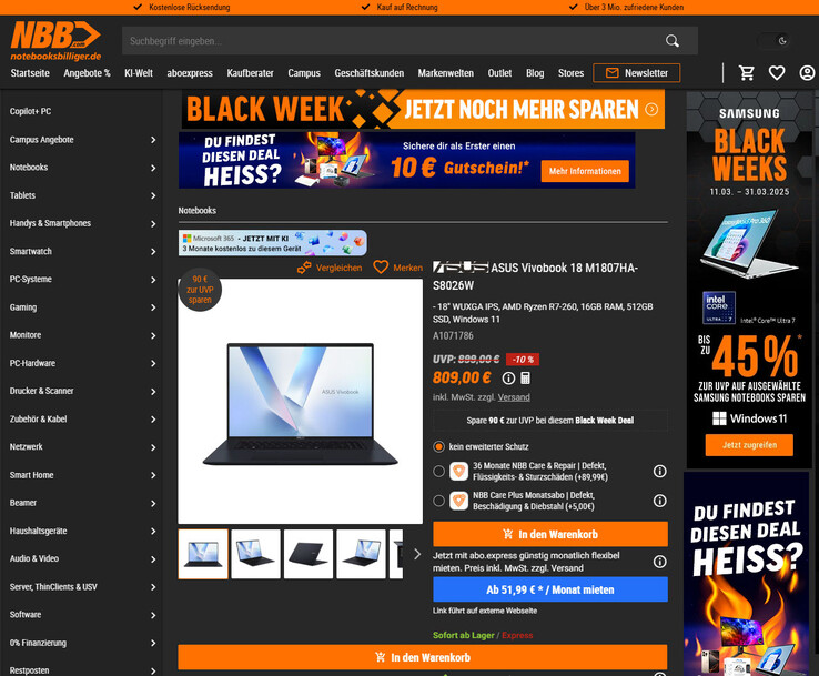 Asus Vivobook 18 M1807HA für 809 Euro.