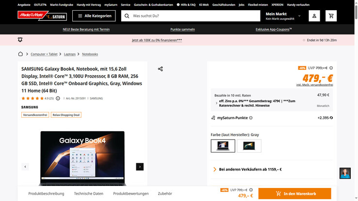 Samsung Galaxy Book4 für 479 Euro.