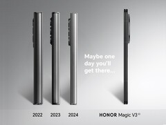 Honor macht sich über die langsame Entwicklung der Samsung Galaxy Z Fold Serie der letzten Jahre lustig und bestätigt den globalen Launchtermin für Magic V3 und zwei weitere Produkte. (Bildquelle: Honor, editiert)