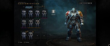 Das umfangreiche Customisation-Menü, in dem wir unter anderem Schulterplatten unterschiedlicher Orden (aktuell Space Wolf) auswählen und die Farben unserer Rüstung anpassen können. (Bildquelle: Space Marine 2)