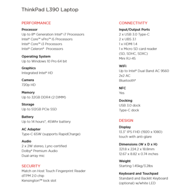 Lenovo ThinkPad L390 Spezifikationen