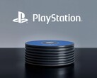 PlayStation Logo mit PS5 Discs auf einem Schreibtisch