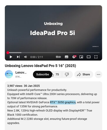 Lenovo wird das IdeaPad Pro 5 16 mit einer Nvidia RTX 5050 GPU auf den Markt bringen. (Bildquelle: Lenovo PC auf YouTube)