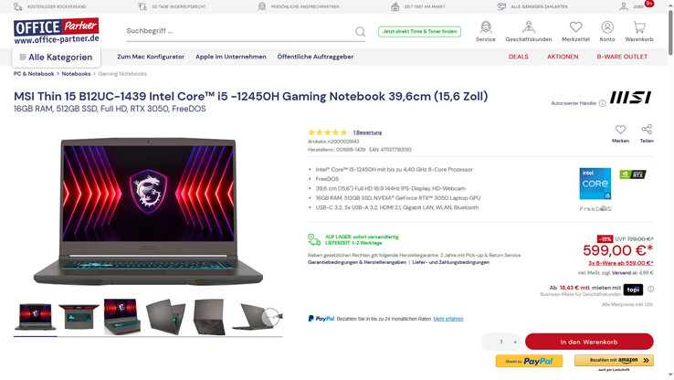 MSI Thin 15 B12UC für 599 Euro.