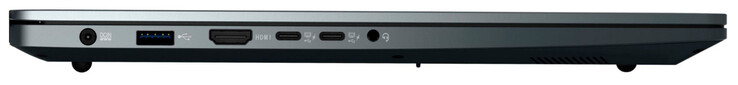 Linke Seite: Netzanschluss, USB 3.2 Gen 1 (USB-A), HDMI, 2x USB 3.2 Gen 1 (USB-C; Power Delivery, DP Alt-Mode), Audiokombo