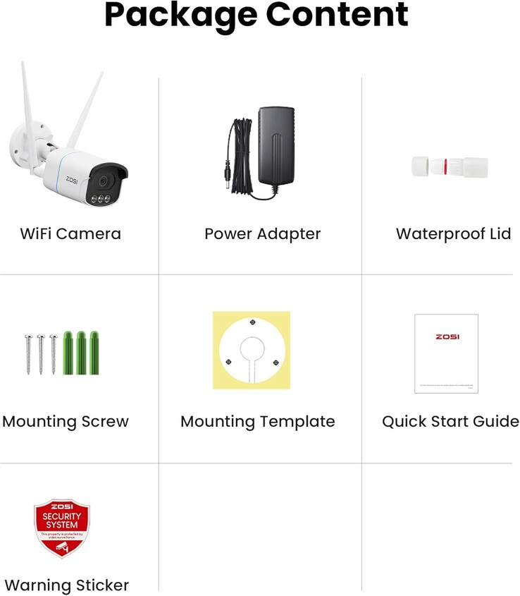 Der Lieferumfang der AuroraLux Überwachungskamera (Bildquelle: Zosi)