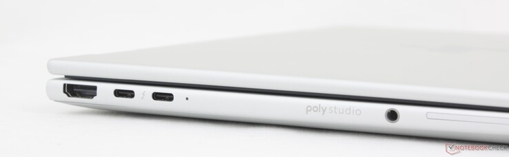 Links: HDMI 2.1, 2x USB-C Thunderbolt 4 mit DisplayPort 2.1 + Power Delivery, 3,5 mm Headset, SmartCard-Leser (optional)