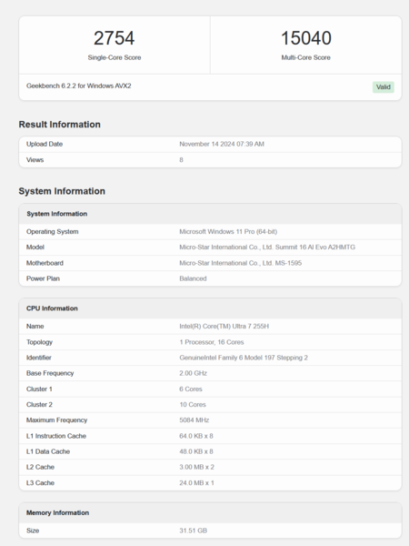 Leistung des Intel Core Ultra 7 255H in Geekbench (Bildquelle: Geekbench)