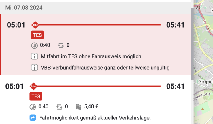 Fahrplan des ersten TES-Züges am Morgen. Der Laufweg des morgendlichen TES. (Bildquelle: Openstreetmap Contributors/VBB)