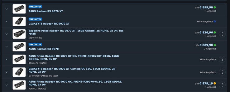 Die AMD Radeon RX 9070 (XT) ist bei einigen Händlern noch auf Lager, allerdings zu sehr hohen Preisen. (Bildquelle: Geizhals)