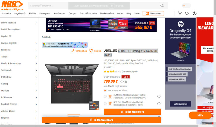 Asus TUF Gaming A17 FA707NU für 799 Euro.