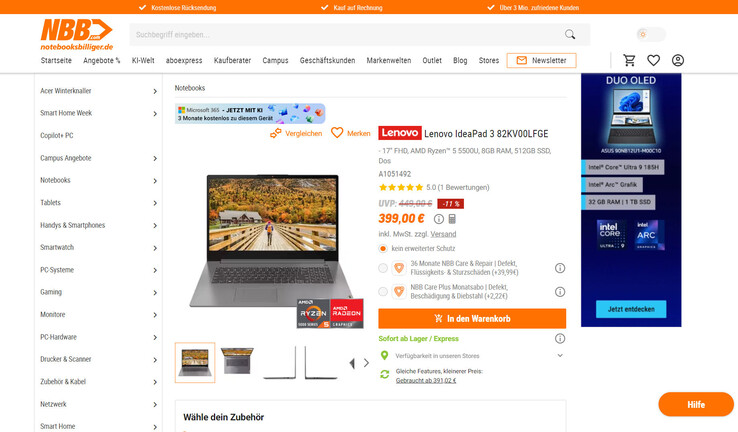 Lenovo IdeaPad 3 17ALC6 für 399 Euro.
