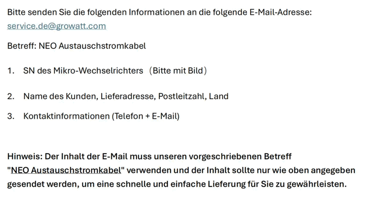 Ein NEO-Austauschstromkabel kann kostenlos bei Growatt per E-Mail bestellt werden (Bildquelle: MyDealz, Growatt)