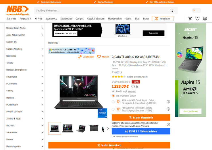 Gigabyte Aorus 15X ASF für 1.299 Euro.
