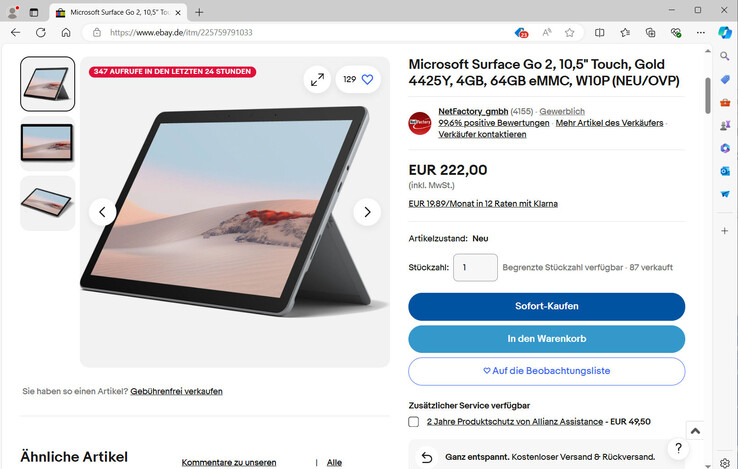 Der Händler Netfactory_gmbh verkauft das Surface Go 2 auf Ebay.de für 222 Euro.