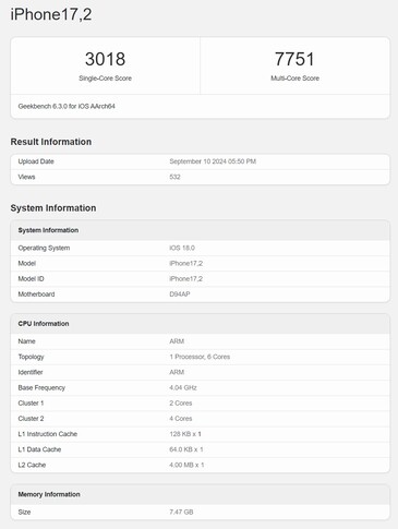 Aktuelle Apple A18 Pro Geekbench-Ergebnisse eines iPhone 16 Pro Max.