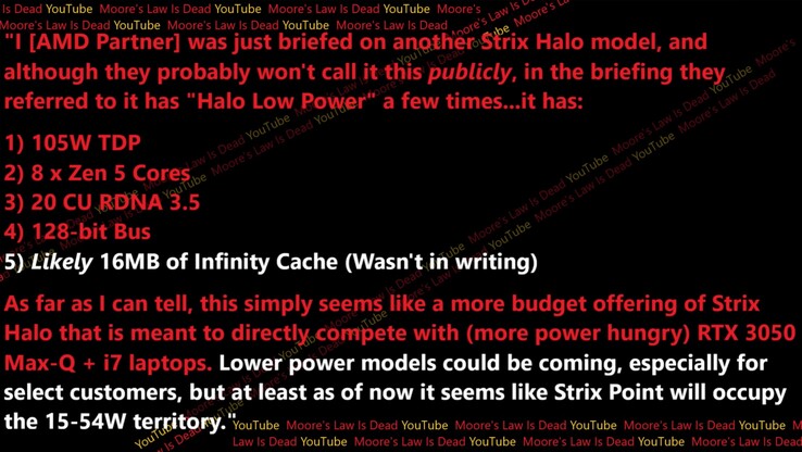 Strix Halo LP Spezifikationen und Leistungsdaten. (Bildquelle: Moore's Law Is Dead)