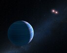 Eine Illustration zeigt einen Exoplaneten und zwei rote Sterne