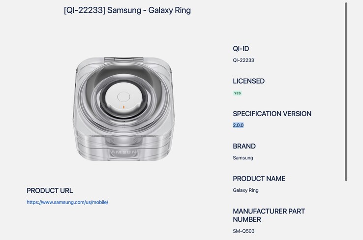 Die Ladehülle des Samsung Galaxy Ring besitzt bereits eine Qi2-Zertifizierung, allerdings ohne Magnete oder Schnellladung. (Bildquelle: Wireless Power Consortium)