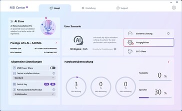Homescreen mit Leistungsmodi und einigen Einstellungen