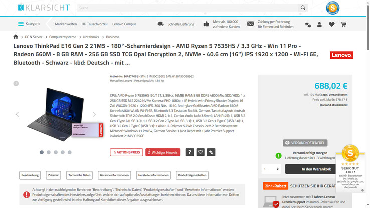 Lenovo ThinkPad E16 G2 für 688,02 Euro.