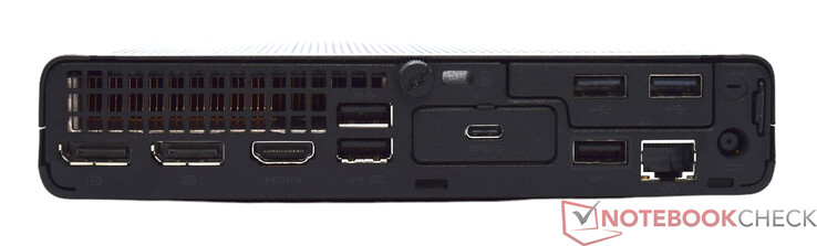 Rückseite: 2x DisplayPort 1,4, HDMI 2.1, 3x USB Type-A 10 Gbit/s, 2x USB Type-A 2.0, USB Type-C 10 Gbit/s, RJ45 GBit-LAN, Netzanschluss
