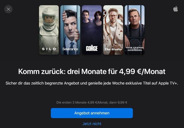 Dieses Pop-Up taucht auf, wenn der eigene Account für den Deal qualifiziert ist (Bildquelle: Apple TV Plus)