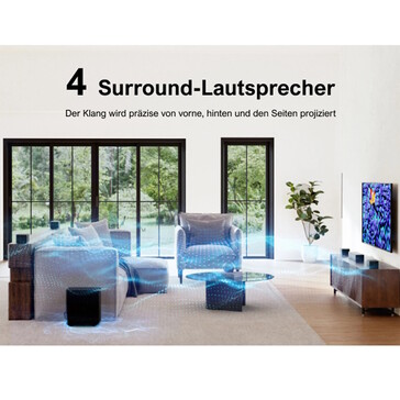 Es sind insgesamt vier Surround-Lautsprecher, ein Subwoofer und die Soundbar erhalten (Bildquelle: Ultimea)