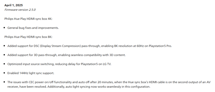Änderungsprotokoll der Firmware 2.5.0 für die Philips Hue Play HDMI-Sync-Boxen. (Bildquelle: Philips Hue)