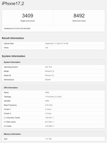 Aktuelle Apple A18 Pro Geekbench-Ergebnisse eines iPhone 16 Pro Max.