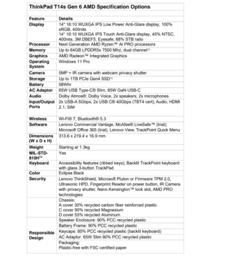 Lenovo ThinkPad T14s Gen 6 AMD: Spezifikationen