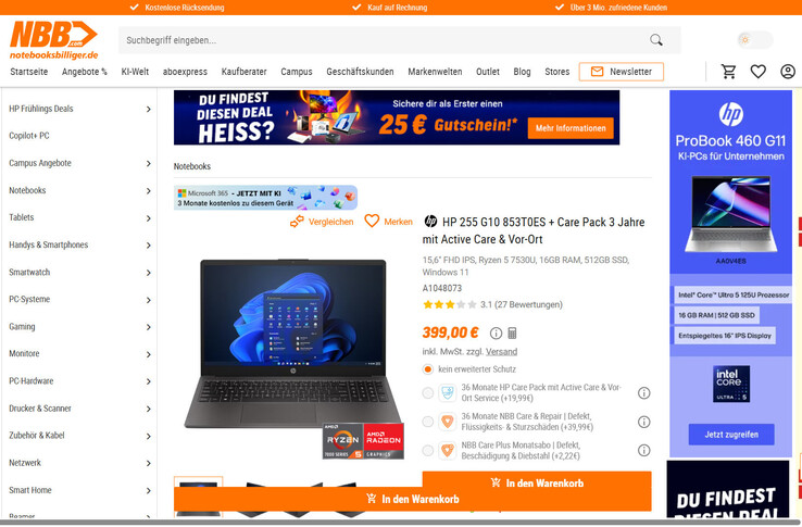 HP 255 G10 853T0ES samt CarePack für 399 Euro.