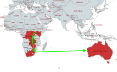 Die vorgeschlagene Route für das neue Unterwasser-Glasfaserkabel von Google führt durch das südliche Afrika und den Indischen Ozean (Bild von MapChart mit Änderungen).