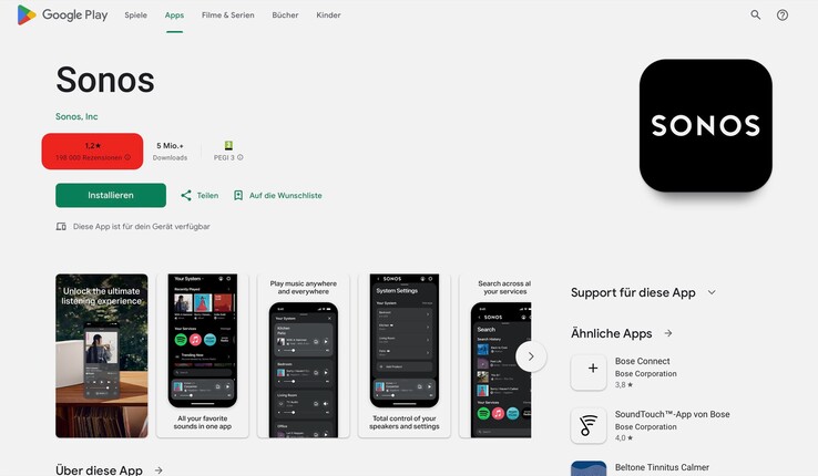 Die Sonos-App hat derzeit eine durchschnittliche Bewertung von 1,2 aus 5 Sternen im Google Play Store.