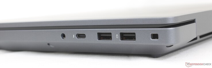Rechts: 3,5-mm-Headset, USB-C Thunderbolt 4 (40 Gbit/s) mit DisplayPort 2.1 + Power Delivery, USB-A 3.2 Gen. 1, Lock-Slot